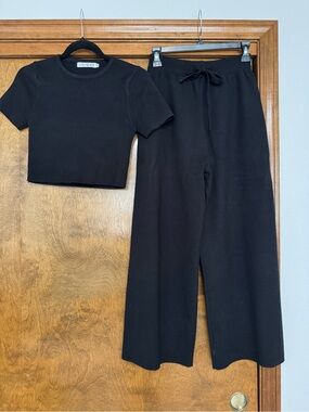 STATE Black Ribbed Crop Tee and Wide-Leg Drawstring Pants